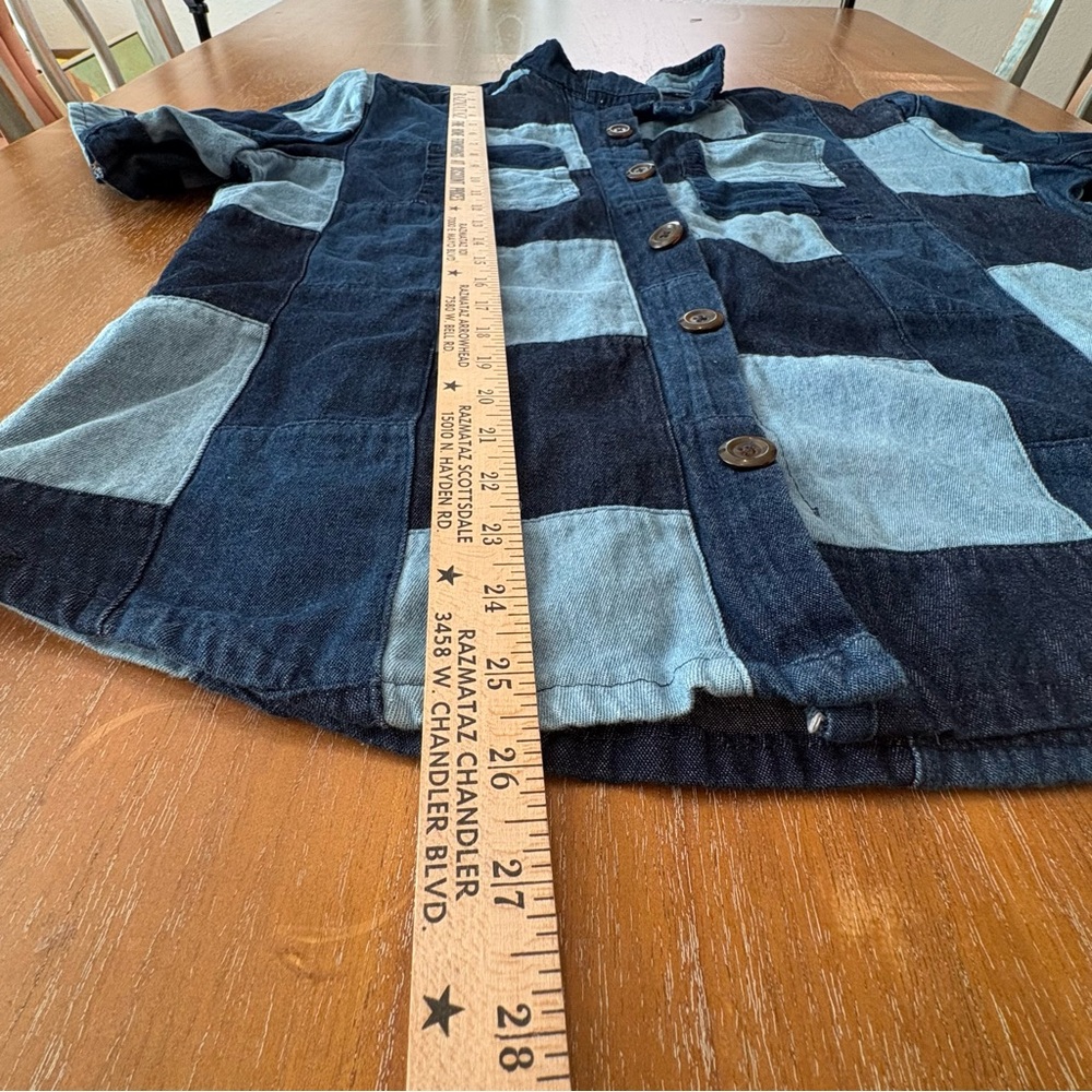 Patchwork Short Sleeve Two-Tone Denim Button-Up S… - image 10